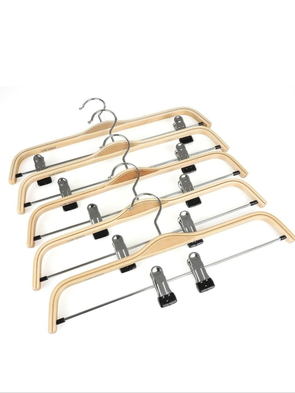Topia Hanger Natural Birch Wood and Chrome. Skirt, Trousers Hanger with Clips.